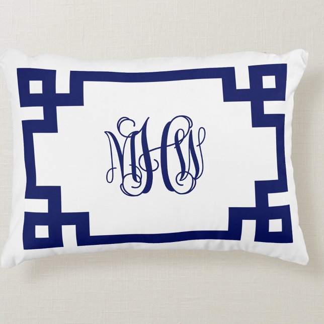 Vit Navy Grekisk Nyckel Rankor Skript Monogram Gör Prydnadskudde (Skapare uppladdad)