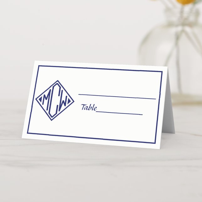 Vit Navyblå Diamant Monogram-teckensnitt Gör-det-s Placeringskort (Skapare uppladdad)