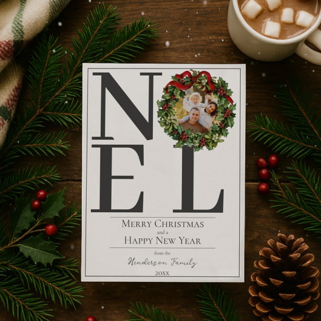 Vit Noel-julkrans med fotopat Julkort (White Noel Christmas Wreath Photo Holiday Card)