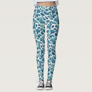 Vit och blå Abstrakt Löv Kusten Mönster Leggings