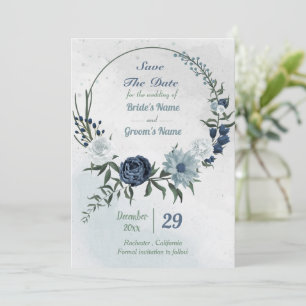 Vit och blå blommigt, grön krans spara datumet