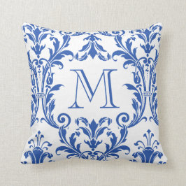 Vit och blå Blommigt Swirls Monogram Kudde