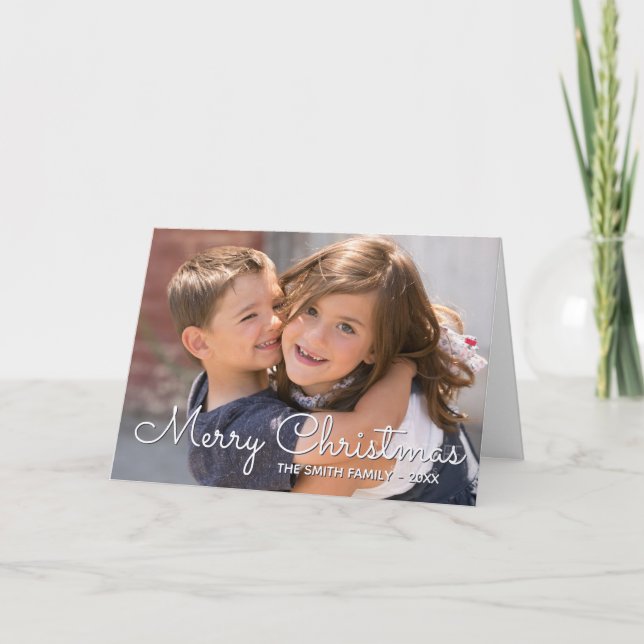 Vit och blå God Jul familjefoto Helgkort (Framsida)