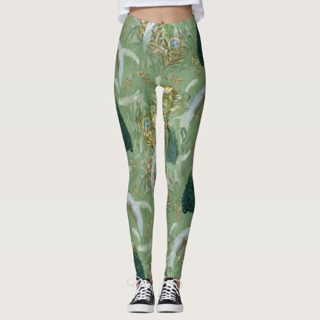 Vit och blå grönt Royal-Peacocks Fantasy Leggings (Framsida)