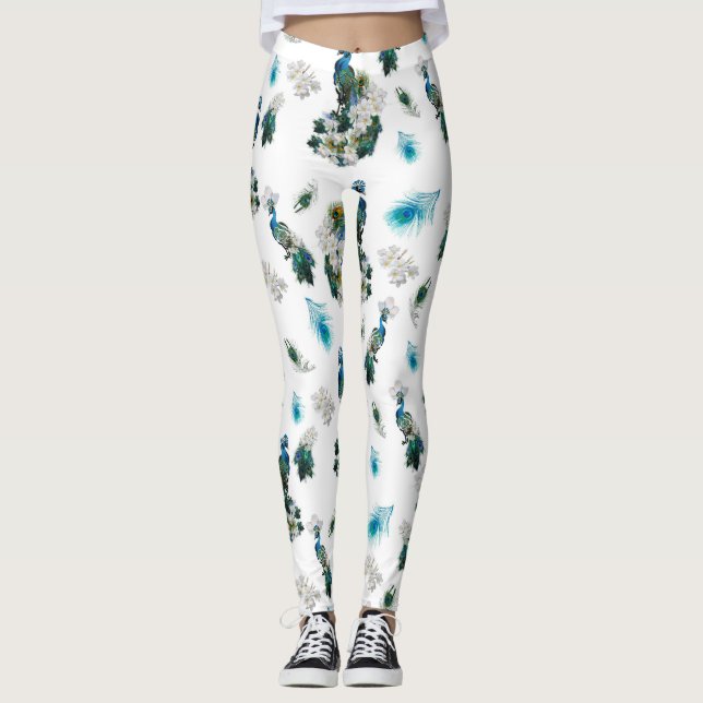 Vit och blå grönt Royal-Peacocks Fantasy Leggings (Framsida)