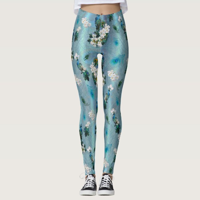 Vit och blå grönt Royal-Peacocks Fantasy Leggings (Framsida)