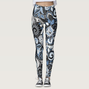 Vit och blå paisley tryckmönster leggings