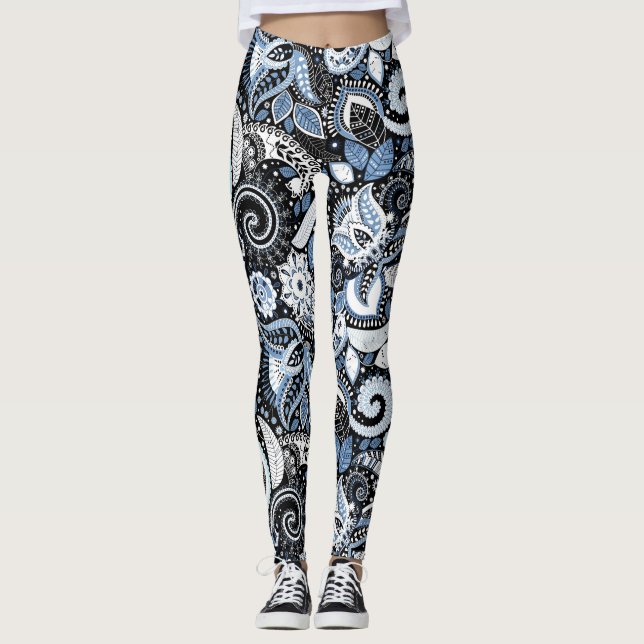 Vit och blå Paisley-utskrift, Mönster Leggings (Framsida)