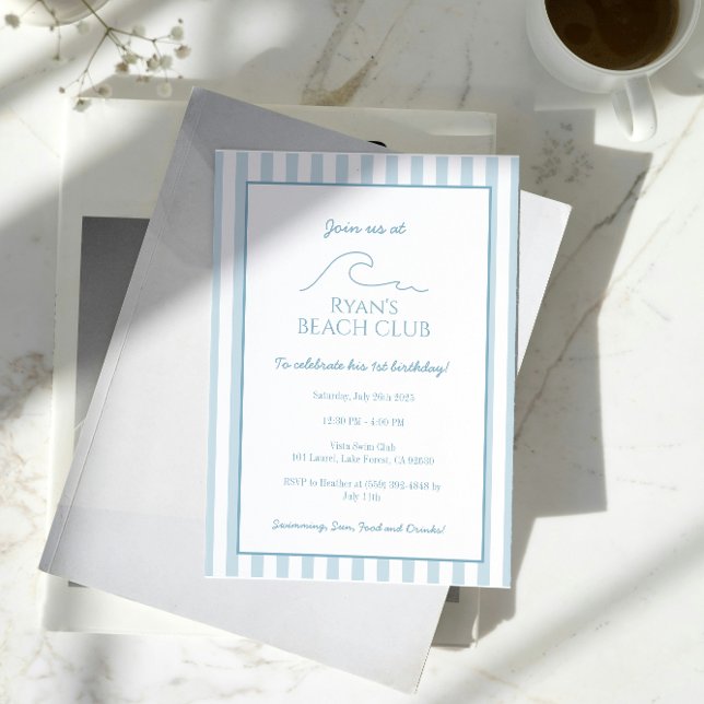 Vit och blå randig strandklubb cabana födelsedag inbjudningar (Skapare uppladdad)