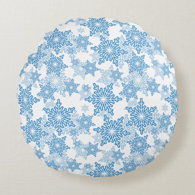 Vit och blå snöflingor utan sjölösa Mönster Rund Kudde (Framsidan)