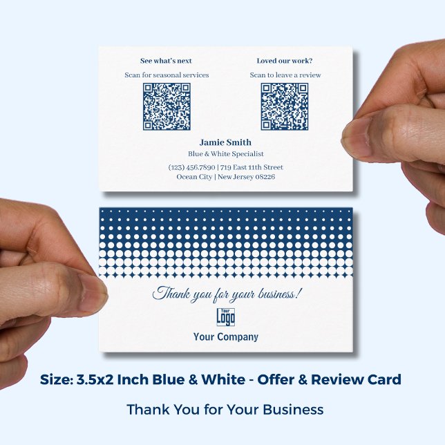 Vit och blå - Tack, erbjudande & recensionsuppmani Visitkort (White and Blue - Thank You, Offer & Review Prompt Business Card with Logo; Size: 3.5x2 Inch)
