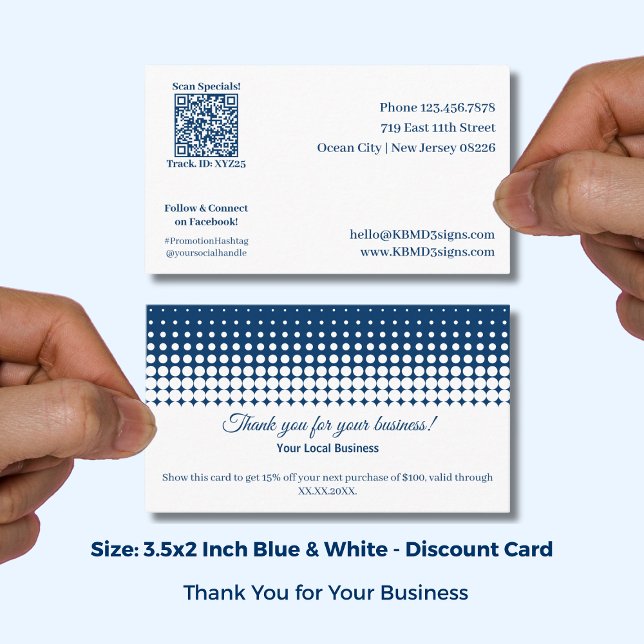 Vit och blå Tack för din handel och Rabattkort (White and Blue Thank You For Your Business and Discount Card; Size 3.5x2 Inch, QR code)