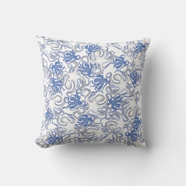 Vit och blå upprepande motif | Octopus Mönster Kudde (Framsida)