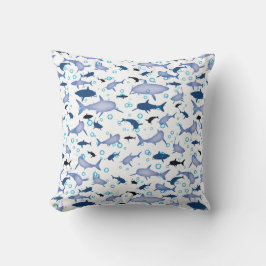 Vit och blå upprepande motif | Shark Mönster Kudde