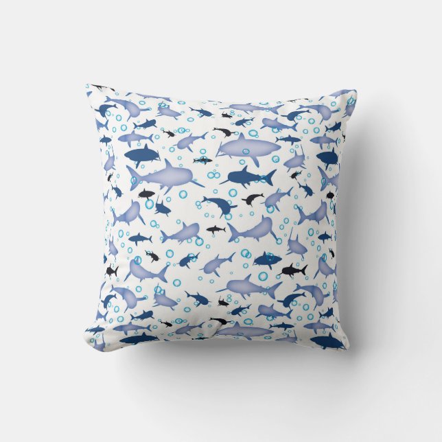 Vit och blå upprepande motif | Shark Mönster Kudde (Framsida)