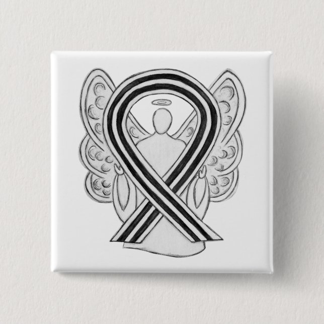Vit - och Black Angel Awareness Ribbon Anpassnings Knapp (Framsida)