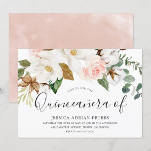 Vit och Blommigt vacker Quinceanera Party Inbjudningar