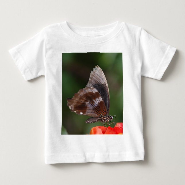 Vit och brun fjäril på röd blomma t-shirt (Framsida)