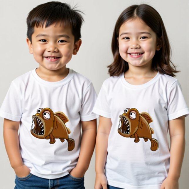 vit och brun tecknad piranhaj tee shirt (Skapare uppladdad)