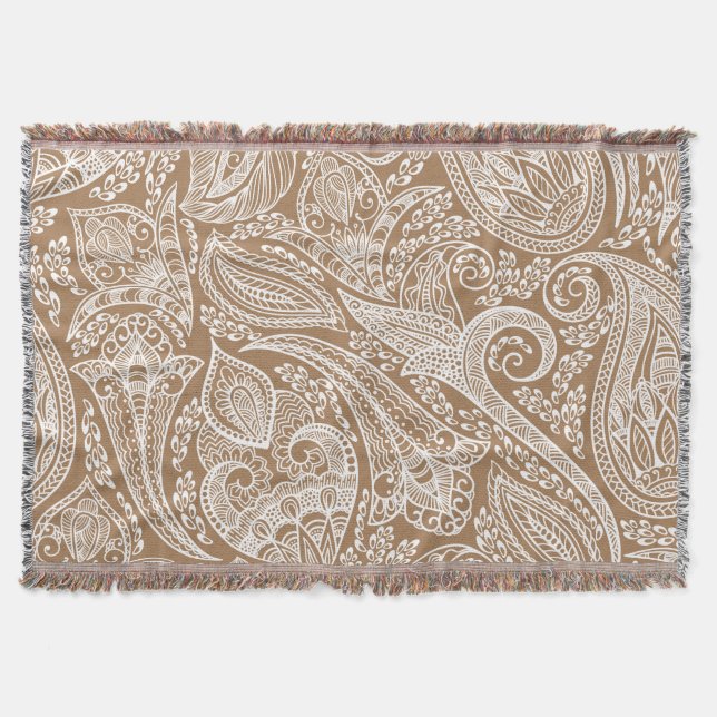 Vit och brun Vintage Blommigt Paisley Filt (Framsidan)