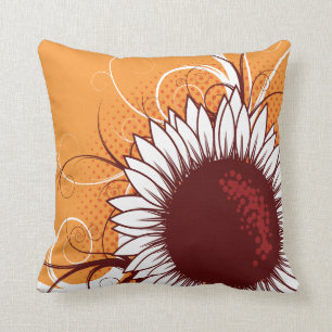 Vit och Burgundy blomma på orangen Kudde