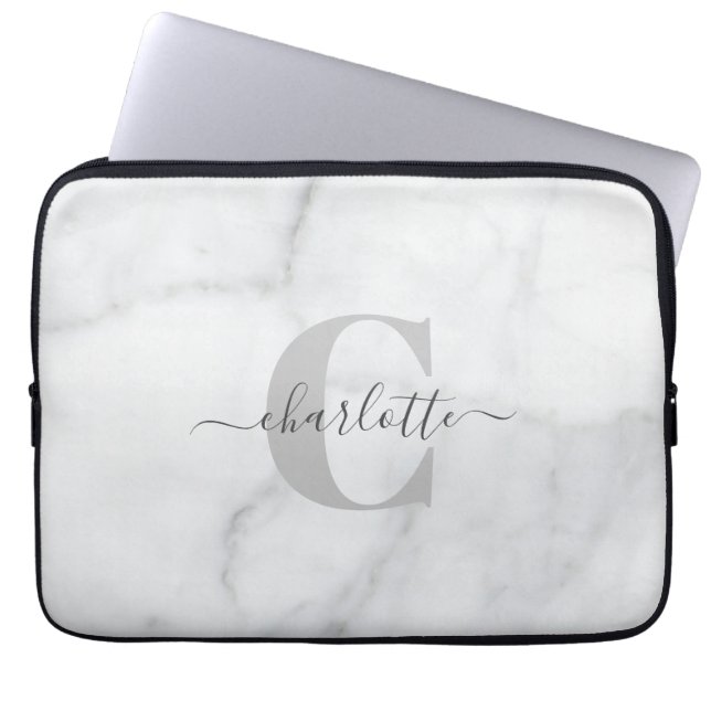 Vit och grå marmor personlig monogram   laptop fodral (Framsidan)