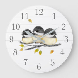 Vit och Grått Chickadee Birds Wall Clock Stor Klocka