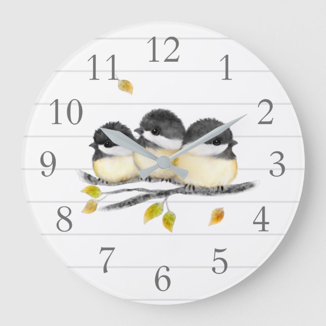 Vit och Grått Chickadee Birds Wall Clock Stor Klocka (Framsida)