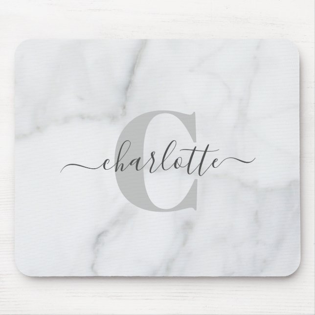 Vit och Grått Marble Personlig Monogram Namn Musmatta (Framsidan)