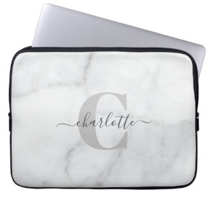 Vit och Grått Marble Personlig Monogrammed Laptop Fodral
