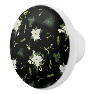 Vit och grön blomsterillustration på svart knopp