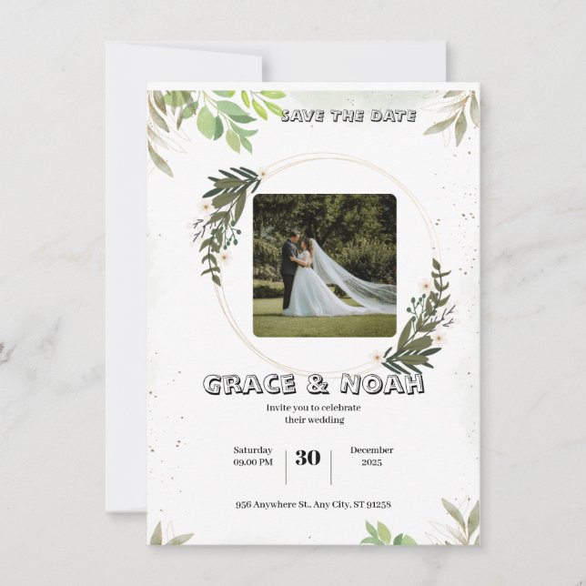 Vit och Grön Illustrativ Blommig Akvarell Ons Inbjudningar (Framsida)