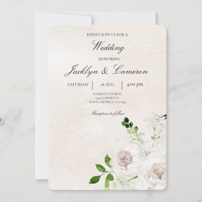 Vit och grönt Blommigt Bröllop beige Inbjudningar (Framsida)