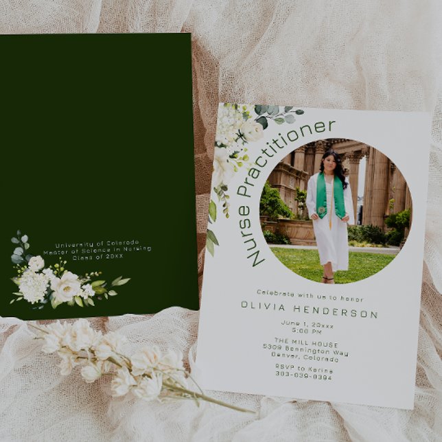 Vit och Grönt Blommigt Foto Studenten Inbjudningar (Skapare uppladdad)