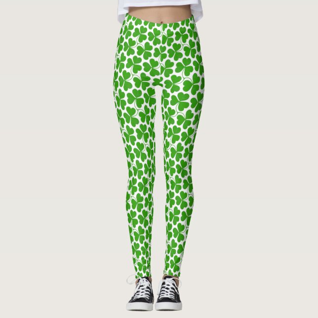 Vit och Grönt St patrick's day Shamrock Mönster Leggings (Framsida)