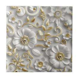 Vit och Guld 3D-Blommigt Kakelplatta
