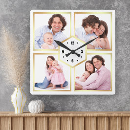 Vit och guld 4 bilder familjefoto collage fyrkantig klocka