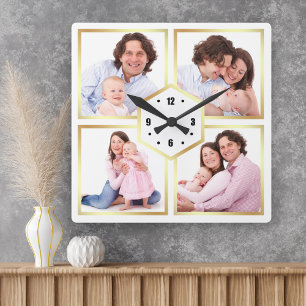 Vit och guld 4 bilder familjefoto collage fyrkantig klocka