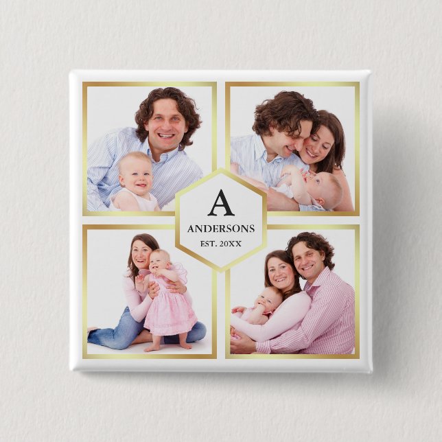 Vit och guld 4 bilder familjefotokollage knapp (Framsida)