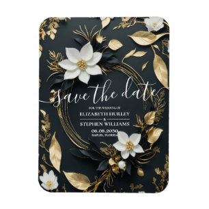 Vit och Guld Blommigt Utandning Bröllop spara datu Magnet