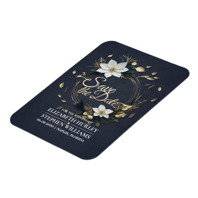 Vit och Guld Blommigt Utandning Bröllop spara datu Magnet (Vänstra Sidan)