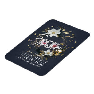 Vit och Guld Blommigt Utandning Bröllop spara datu Magnet