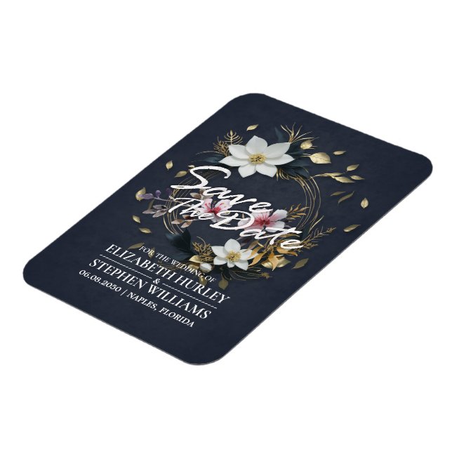 Vit och Guld Blommigt Utandning Bröllop spara datu Magnet (Vänstra Sidan)