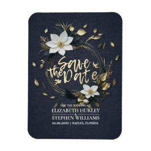 Vit och Guld Blommigt Utandning Bröllop spara datu Magnet