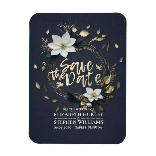 Vit och Guld Blommigt Utandning Bröllop spara datu Magnet (Vertikal)
