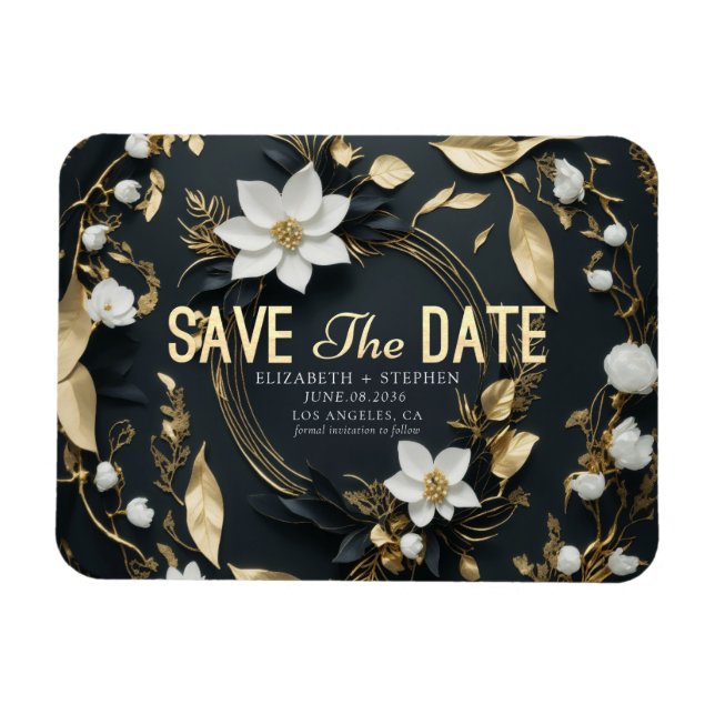 Vit och guld blomsterkrans Bröllop Spara Datum Magnet (Horisontell)