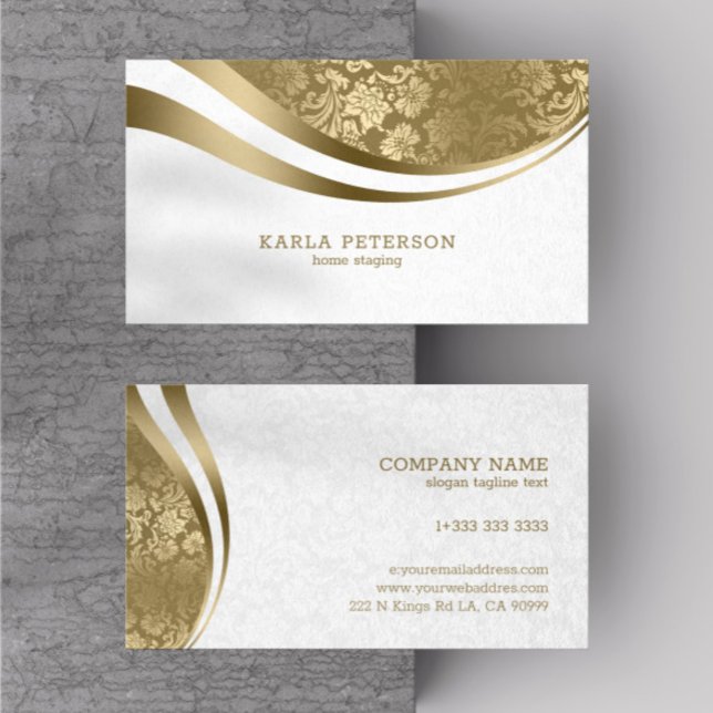 Vit och guld damask dynamiska linjer monogram visitkort (Skapare uppladdad)
