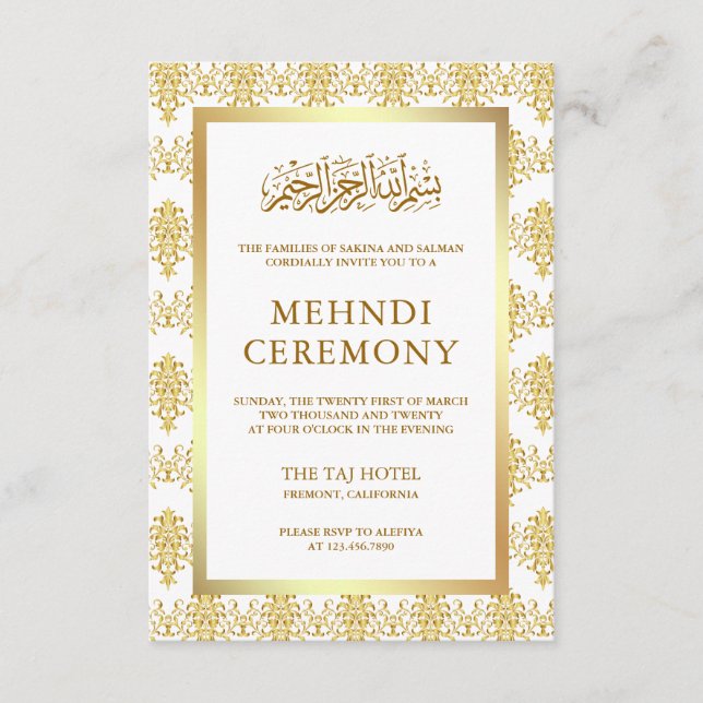 Vit och guld Damaskus Islamsk Muslim Mehndi Tilläggskort (Framsida)