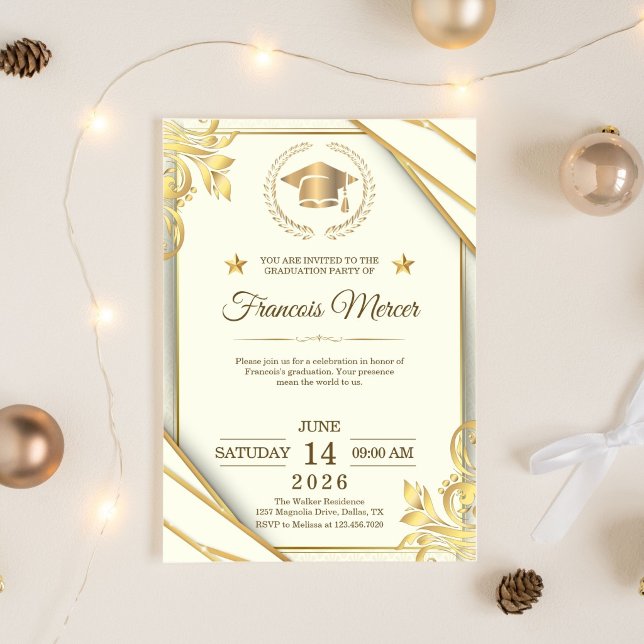 Vit och Guld Elegant Examenfest Inbjudningar (Graduation Invitation)