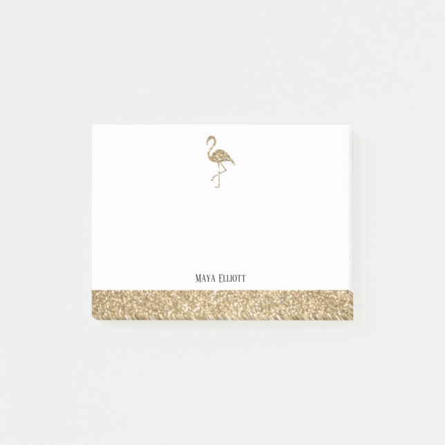 Vit och guld falsk glitterflamingo & kant post-it block (Framsida)